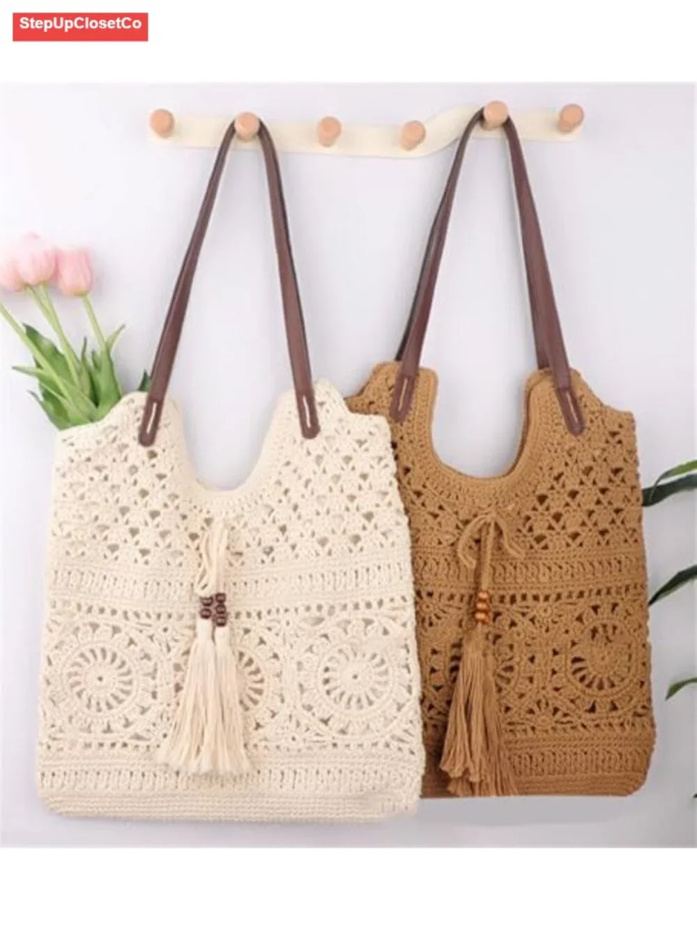 Handmade Crochet Cotton Rope Hobo Bag Women Bohemian Knit Shoulder Tote Straw